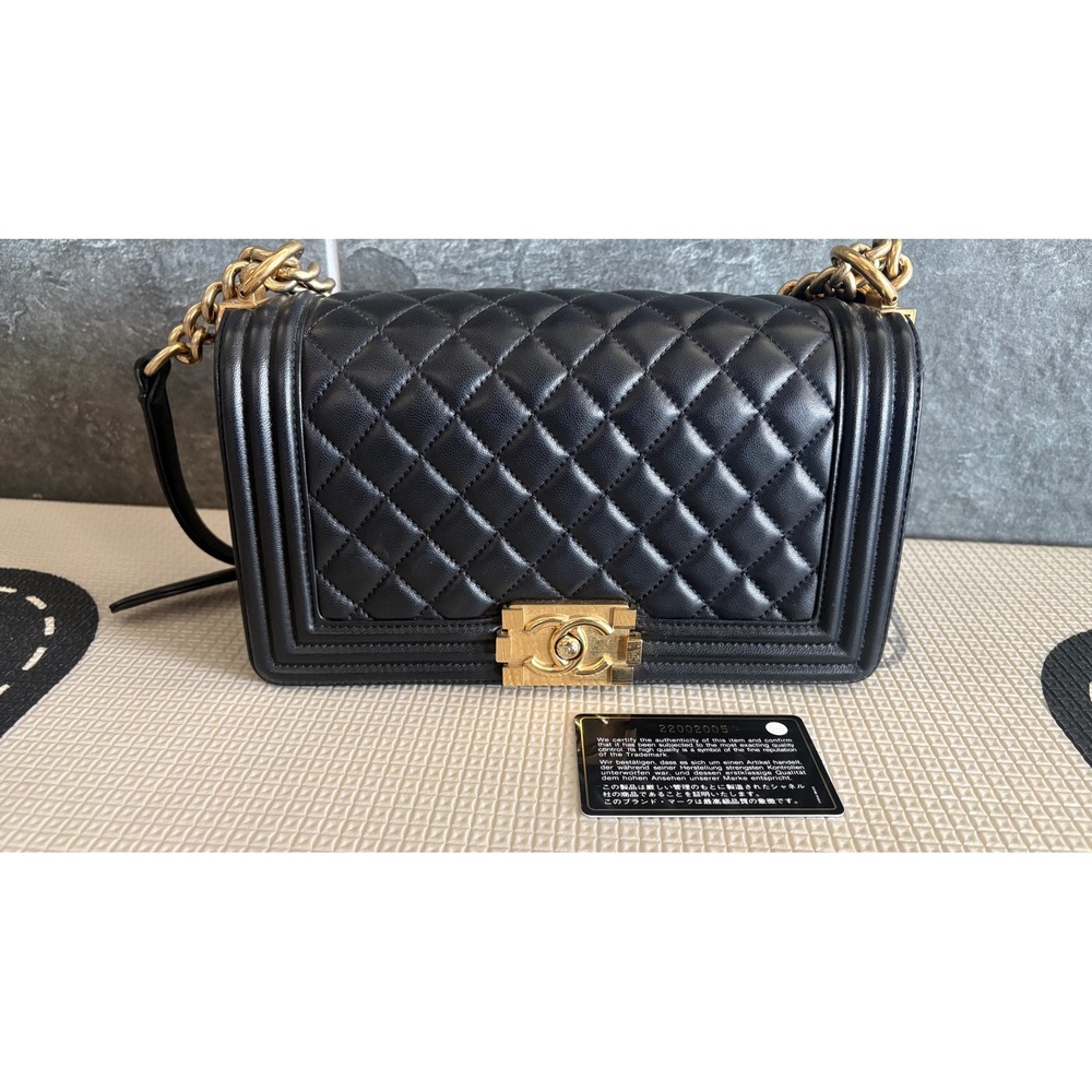 Chanel Boy Bag Old Medium Black Quilted Lambskin Aged Gold Hardware